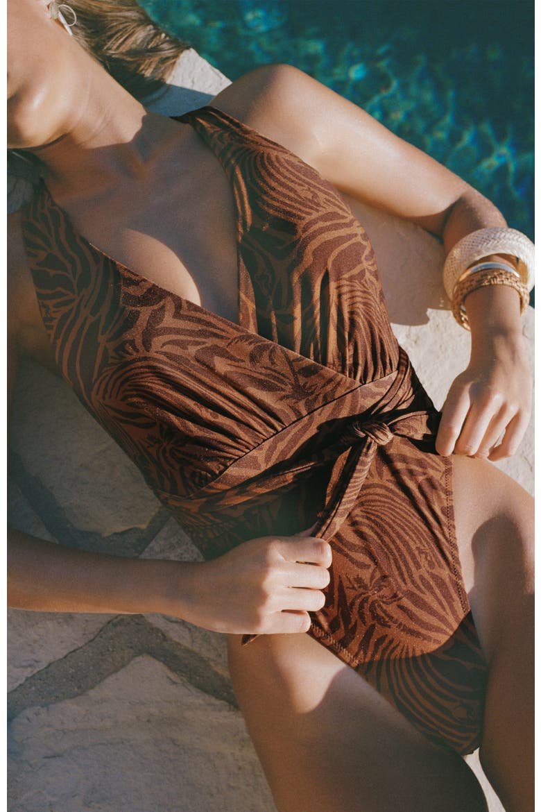 Cross Back Wrap Waist High Cut One-Piece Swimsuit, Alternate, color, Brown