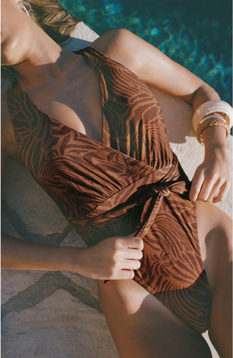 PS By Cupshe Cross Back Wrap Waist High Cut One-Piece Swimsuit, Alternate, color, Brown