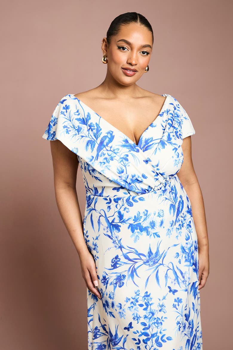 Plus Bardot Printed Wrap Midi Dress, Alternate, color, Ivory