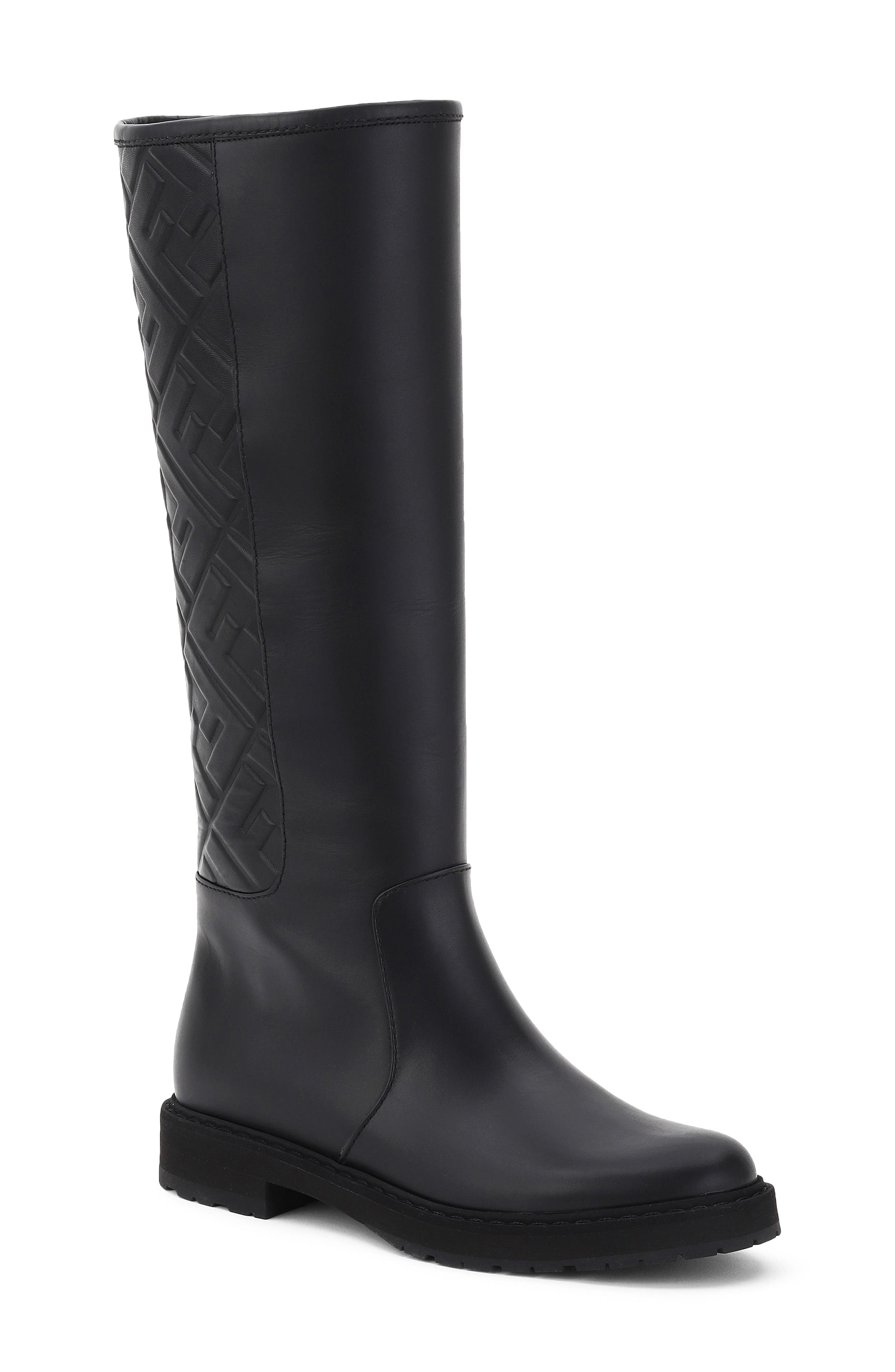 Fendi Logo Embossed Knee High Boot, Main, color, 