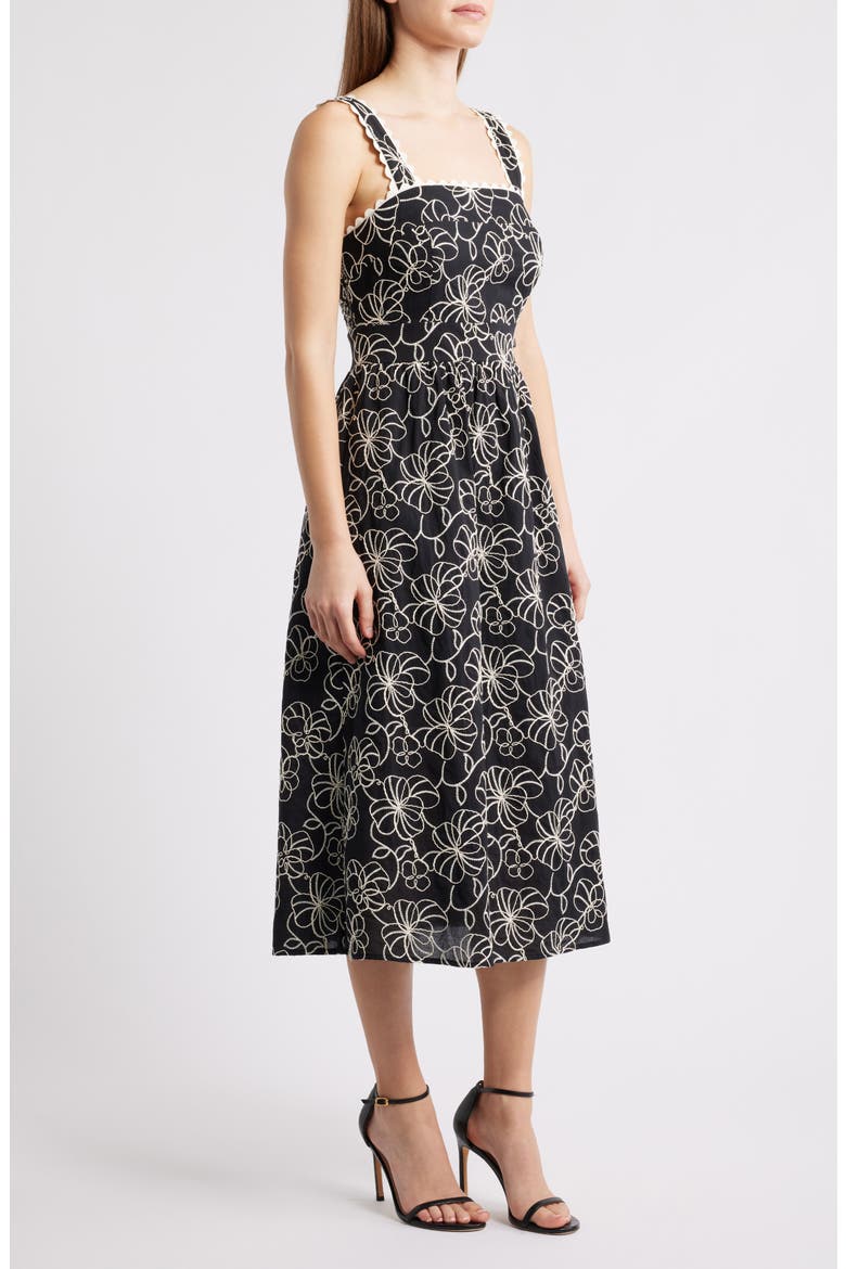 Floral Embroidered Cotton Midi Dress, Alternate, color, BLACK/ WHITE