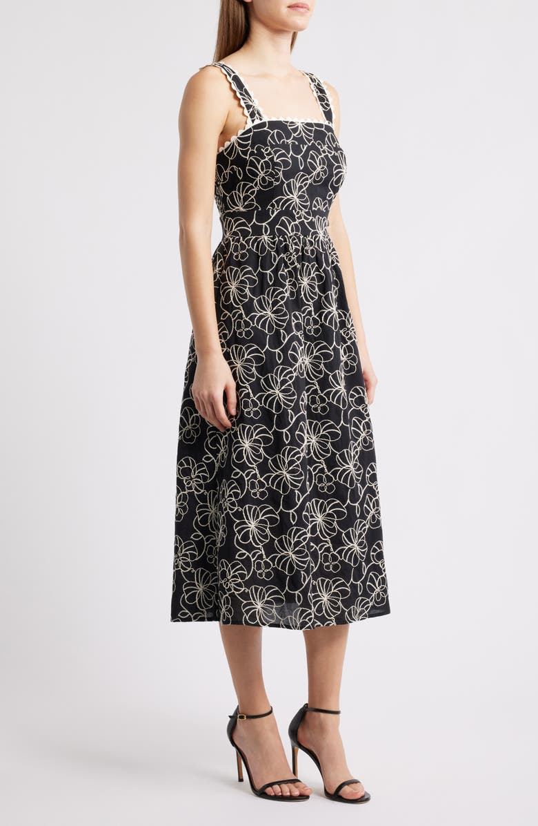 Sam Edelman Floral Embroidered Cotton Midi Dress, Alternate, color, Black/ White