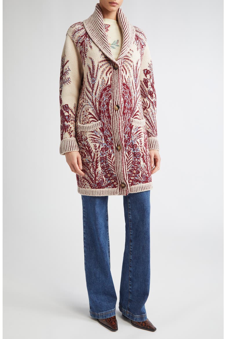 Paisley Wool & Cotton Longline Cardigan, Alternate, color, STAMPA F.DO BIANCO