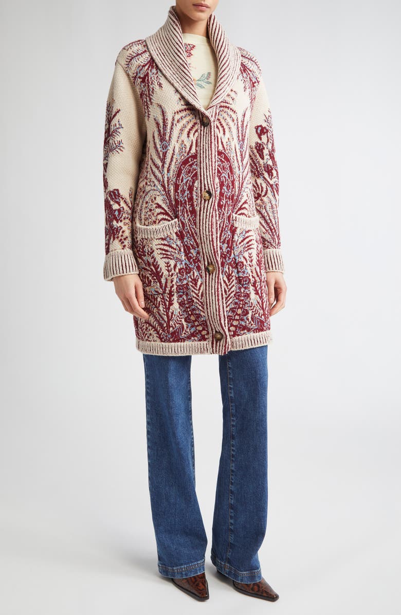 Etro Paisley Wool & Cotton Longline Cardigan, Alternate, color, Stampa F.do Bianco