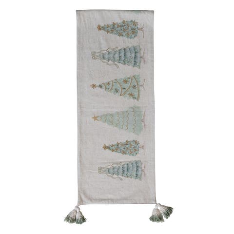 Linen Printed Table Runner with Trees, Embroidery, Beads, French Knots, and Tassels, Multicolor