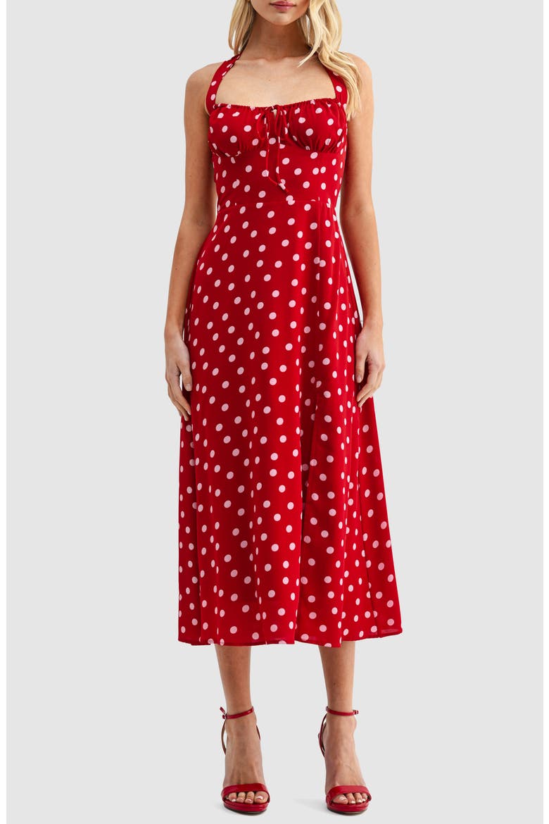 Dot Halter Midi Dress, Main, color, RED PINK DOT