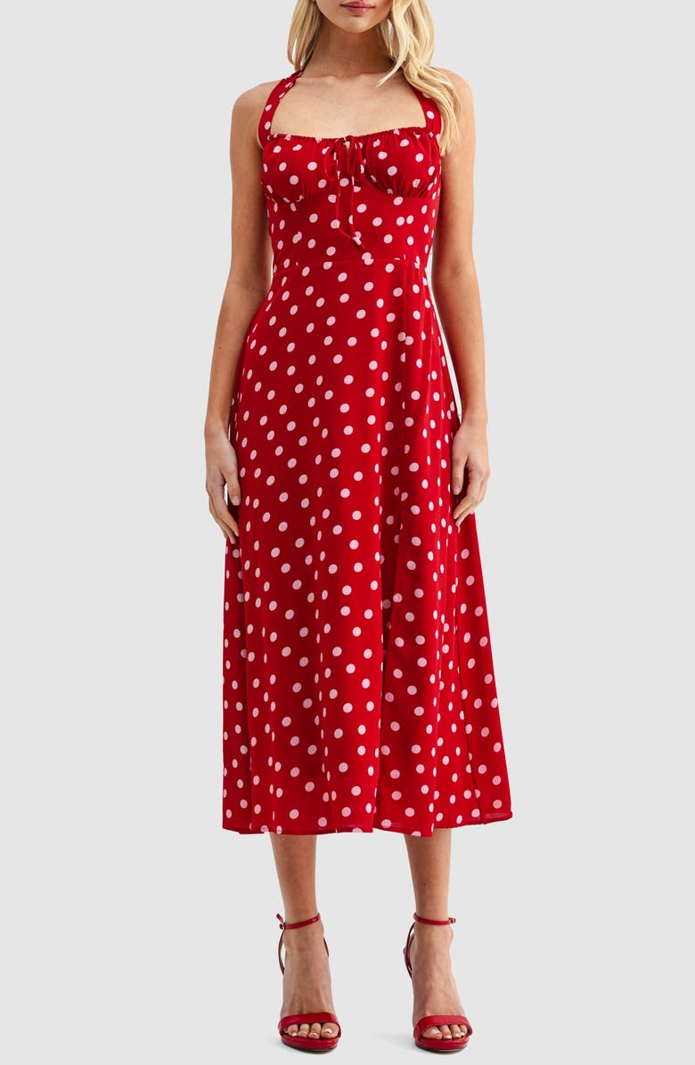 All in Favor Dot Halter Midi Dress, Main, color, Red Pink Dot