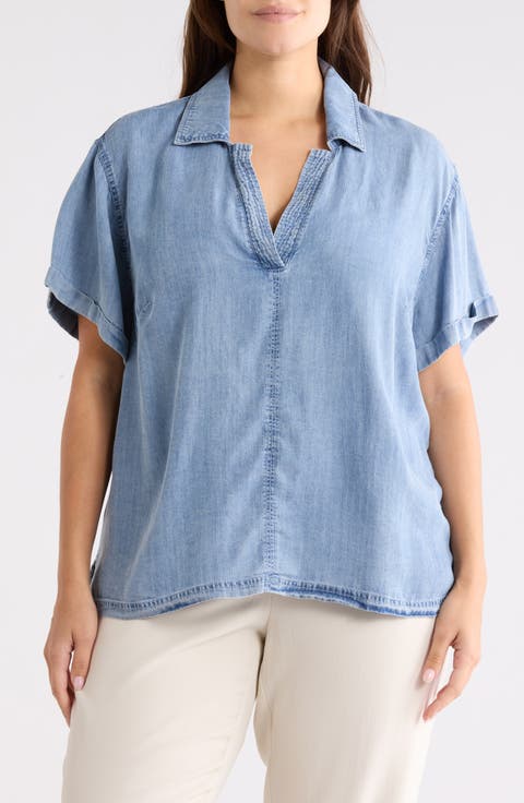 Short Sleeve Popover Denim Top (Plus)