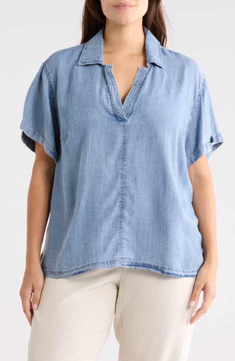 FOR THE REPUBLIC Short Sleeve Popover Denim Top