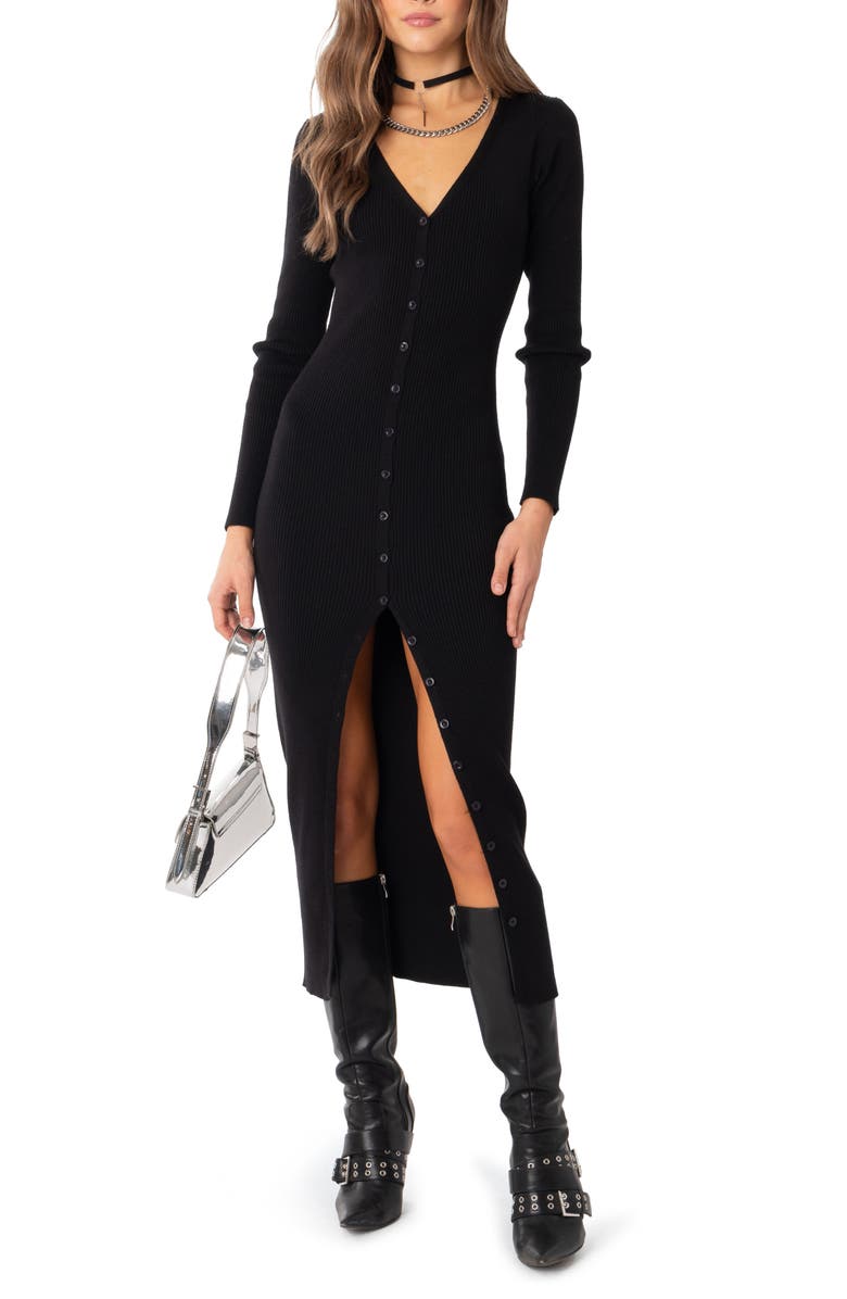 EDIKTED Jazlyn Long Sleeve Rib Sweater Dress, Main, color, Black