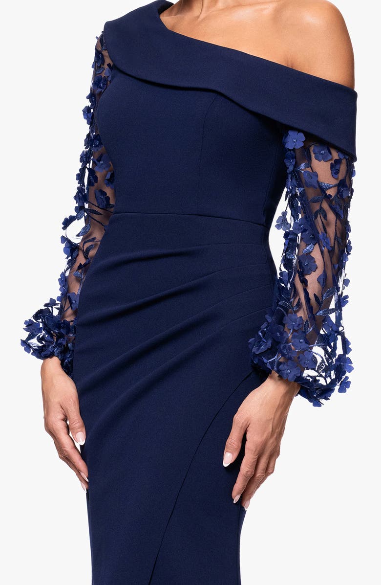 Xscape Evenings Floral Appliqué Long Sleeve Gown, Alternate, color, Navy