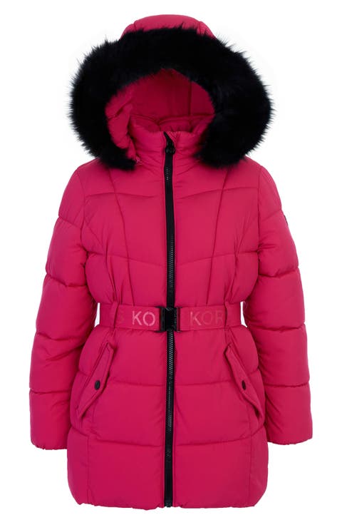 Kids' Belted Active Stadium Faux Fur Hooded Puffer Jacket (Big Kid)