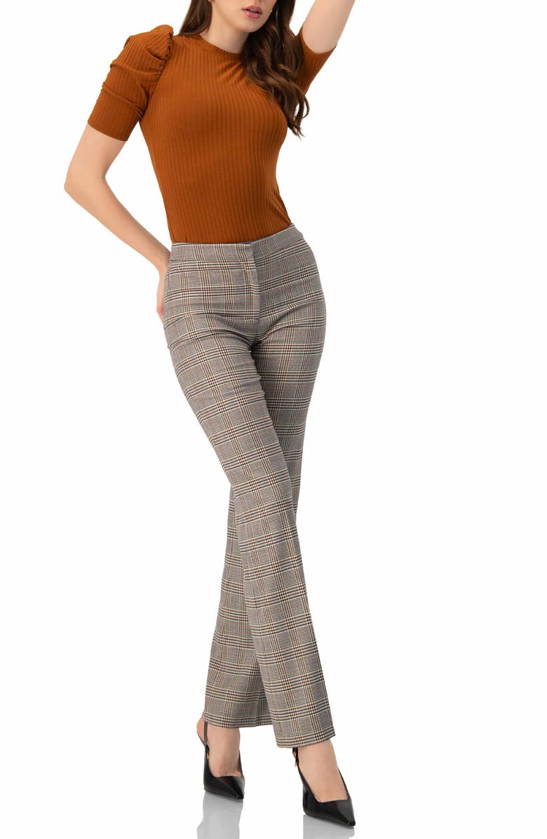 IVONNE Puff Shoulder Ribbed-Knit T-shirt, Alternate, color, Brown