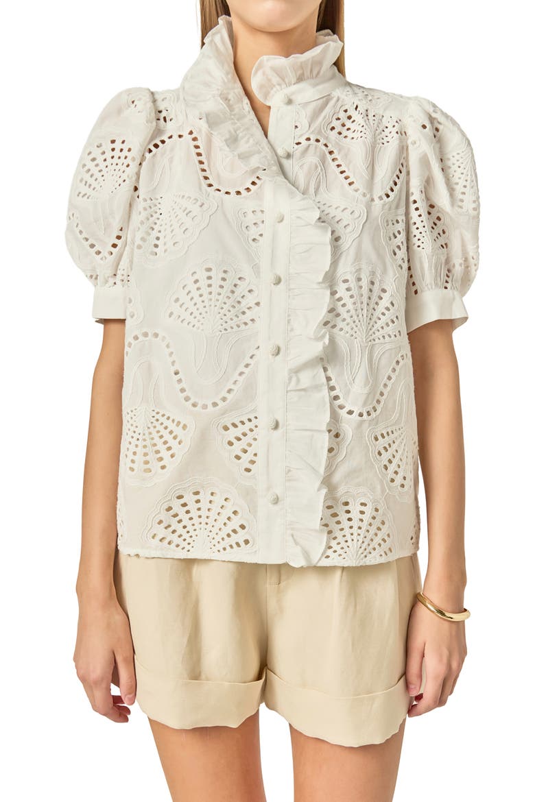 Embroidered Ruffle Short Sleeve Eyelet Shirt, Alternate, color, WHITE