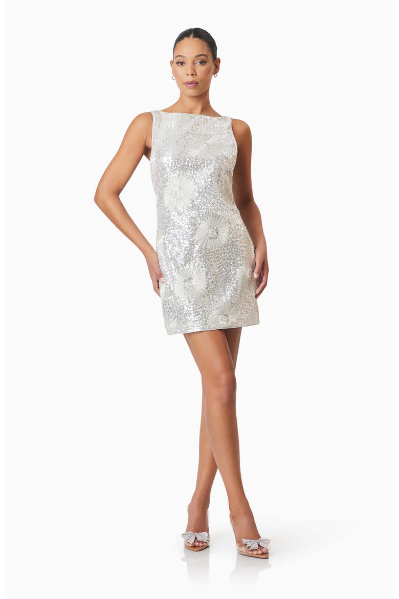 Caledonia Floral Embroidered Sequin Shift Dress, Alternate, color, SILVER