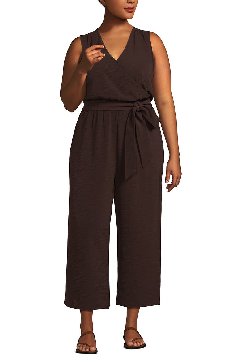 Plus Size Sleeveless Creaseless Wrap Jumpsuit with Smocked Waist, Main, color, Rich Seal Brown