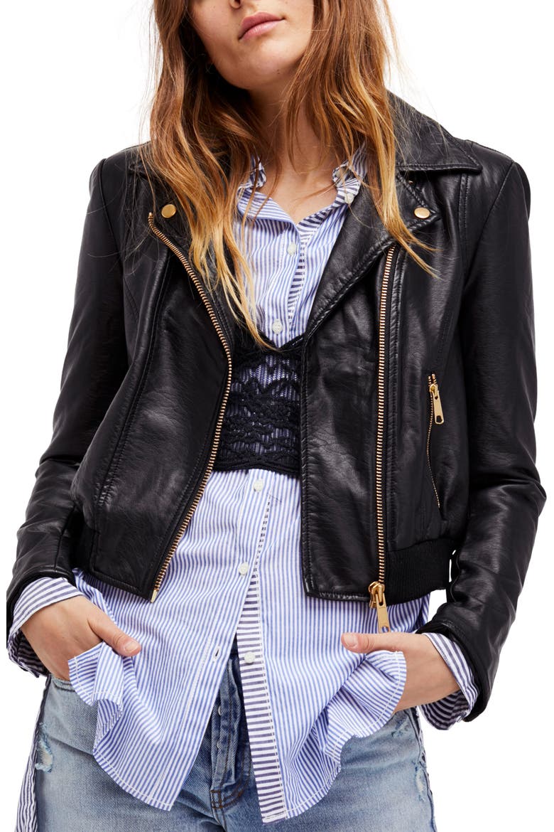 Modern Faux Leather Bomber Jacket, Main, color, BLACK