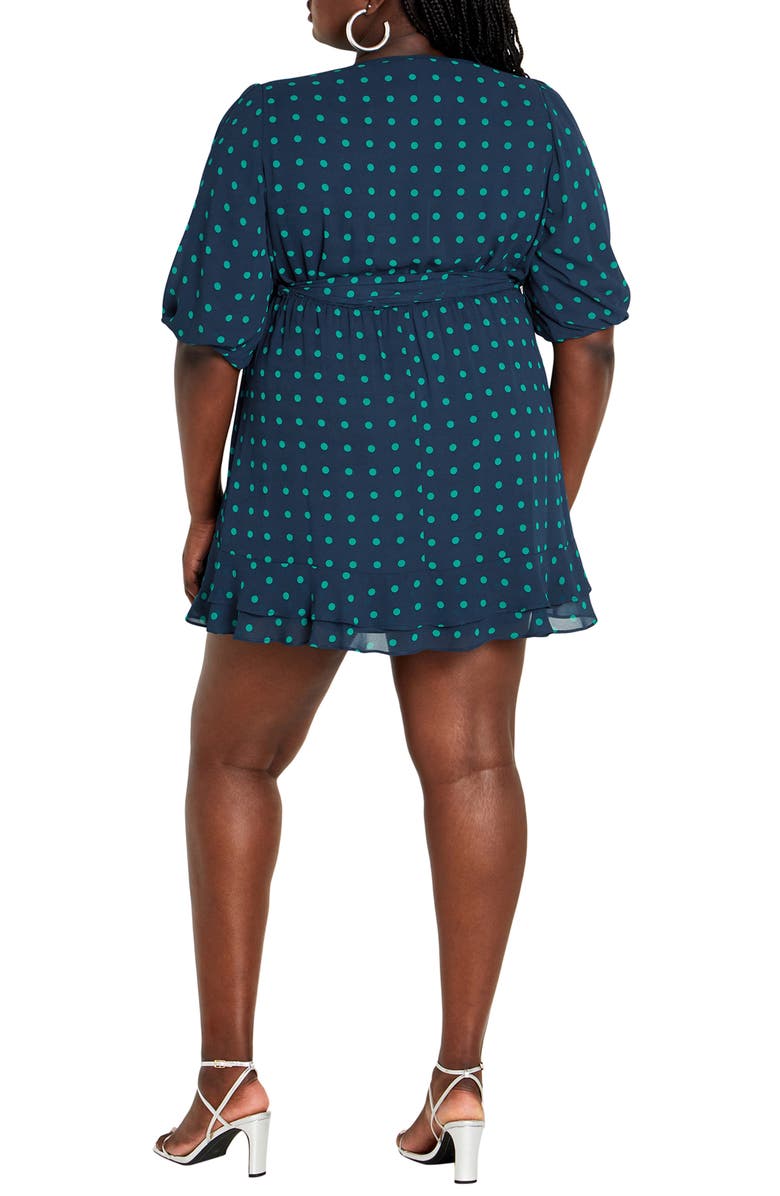 City Chic Lavender Puff Sleeve Faux Wrap Dress, Alternate, color, Navy/ Green Dot