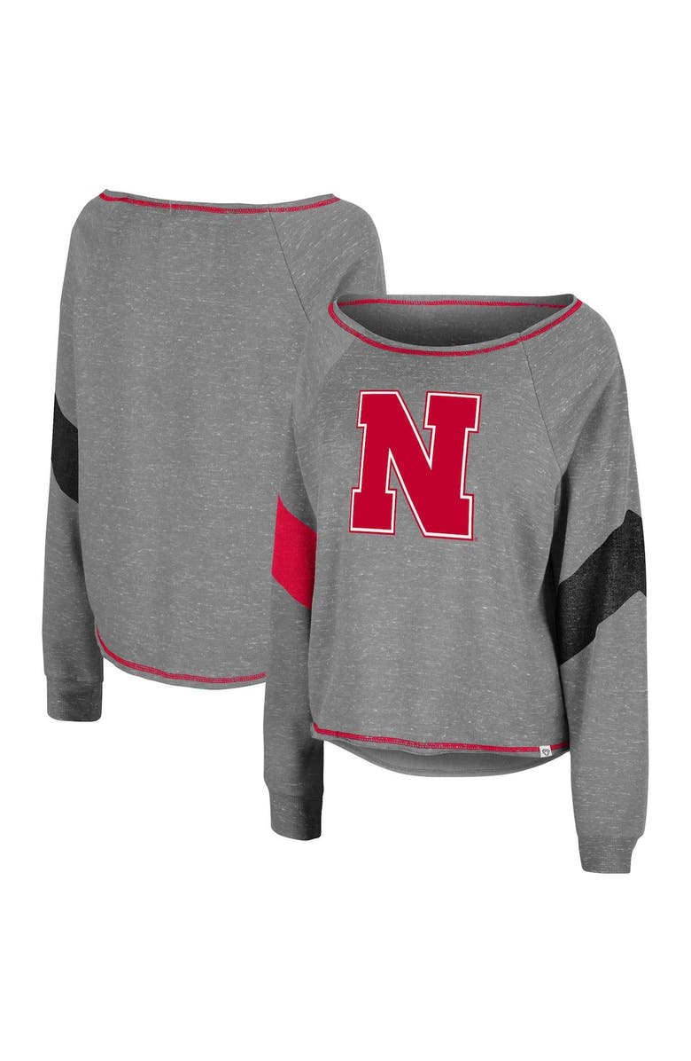 COLOSSEUM Women's Colosseum Heathered Gray Nebraska Huskers Amped Chevron Stripe Raglan Boat Neck Pullover Sweatshirt, Alternate, color, 