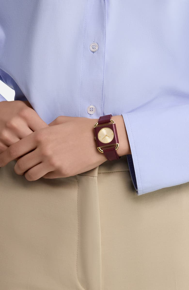 Furla Heritage Square Leather Strap Watch, 28mm, Alternate, color, Yellow Gold/ Burgundy