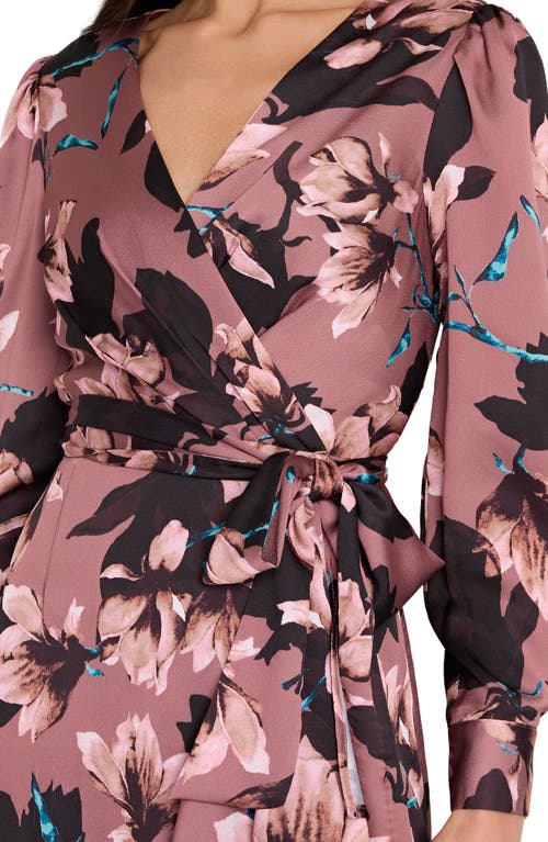 Tahari Asl Floral Long Sleeve Satin Faux Wrap Dress In Brown