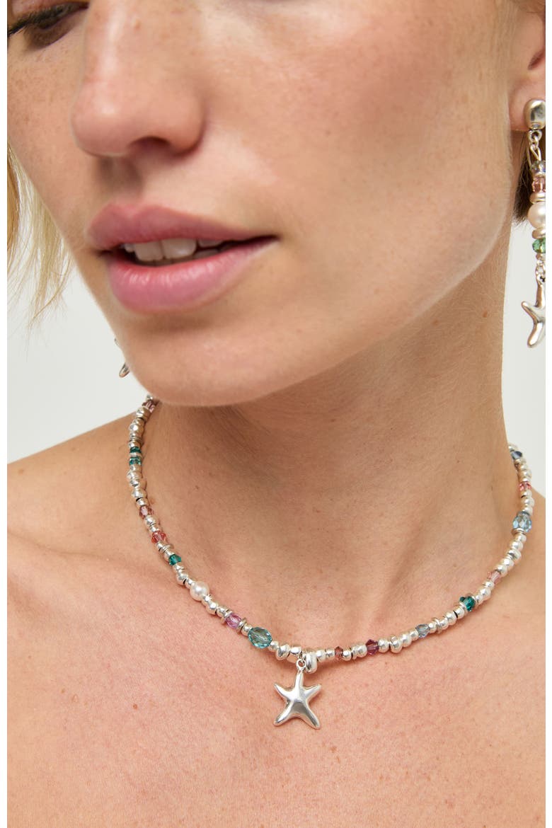 Multicolor Faceted Bead Necklace with Star Charm, Alternate, color, Silver