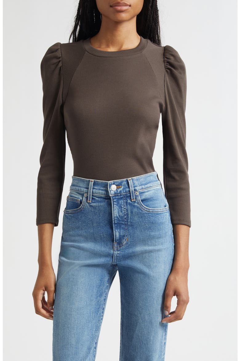 Delano Puff Shoulder Stretch Cotton Top, Main, color, DARK UMBER