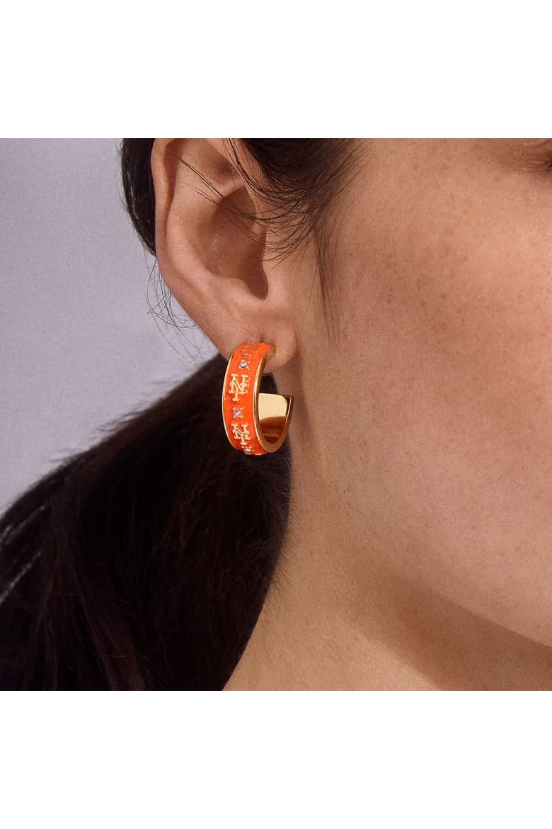 x BaubleBar New York Mets Enamel Hoop Earrings, Alternate, color, Gold