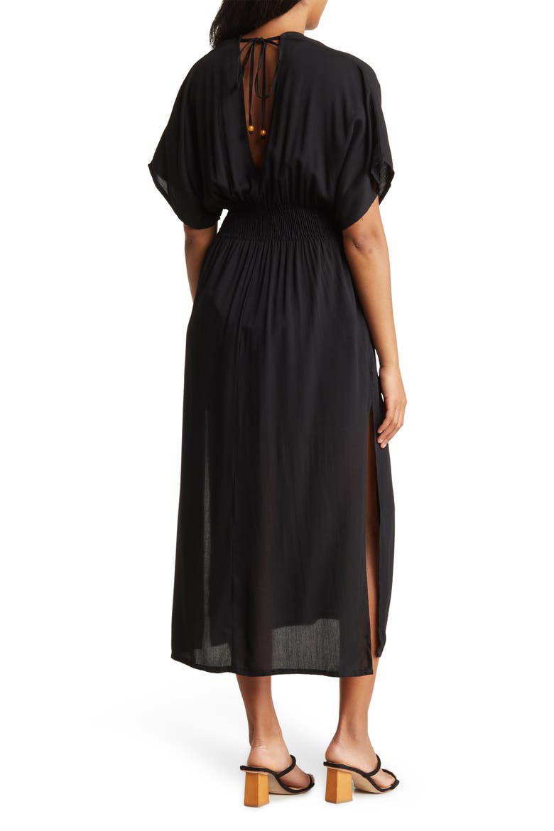Smocked Tie Back Maxi Cover-Up Dress, Alternate, color, BLACK
