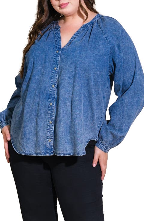 Long Sleeve Washed Denim Top (Plus)