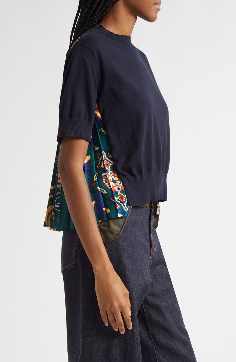 Sacai Short Sleeve Mixed Media Sweater, Alternate, color, Navy/ Green