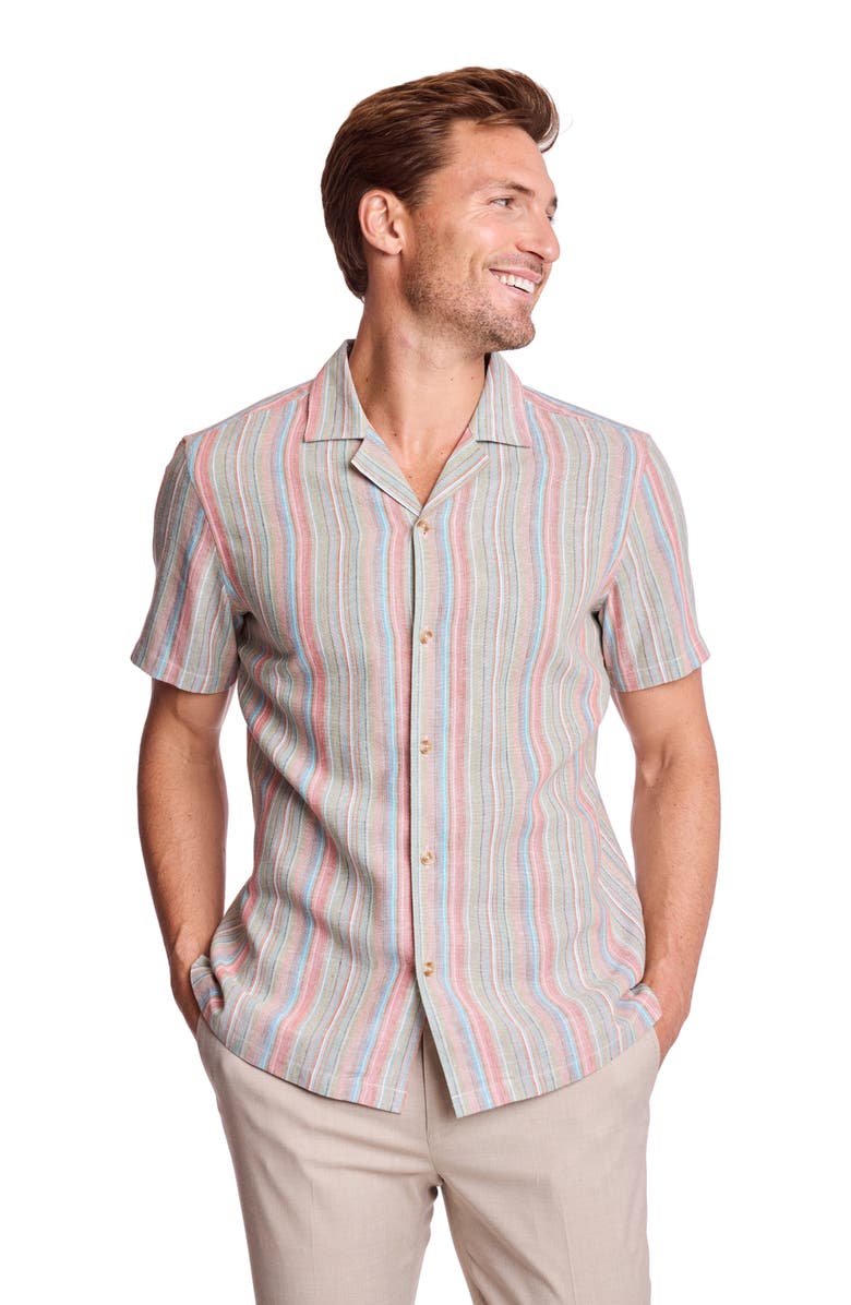 PAISLEY & GRAY Stripe Linen Blend Camp Shirt, Alternate, color, Ocean Coral Stripe