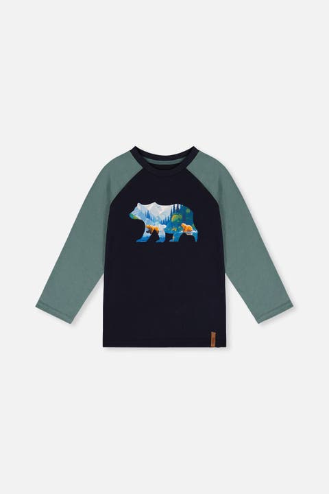 Bear Ribbed Crew Neck Raglan Sleeves T-Shirt
