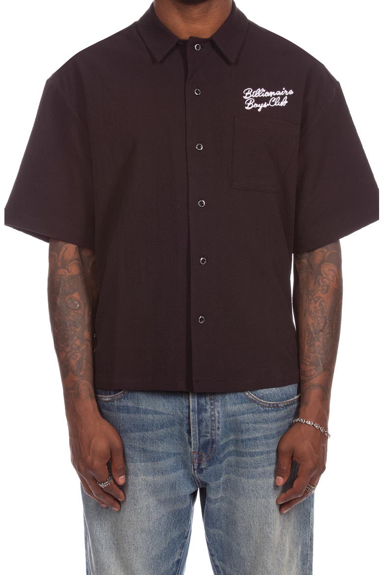 BB Script Embroidered Cotton Seersucker Camp Shirt, Main, color, BLACK