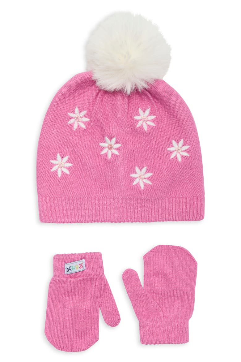 Kids' Daisy Embroidered Beanie & Mittens Set, Main, color, ROSE