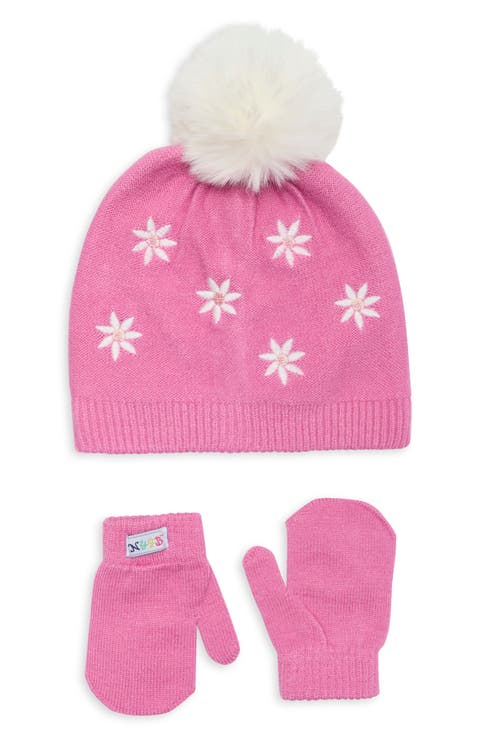 Kids' Daisy Embroidered Beanie & Mittens Set