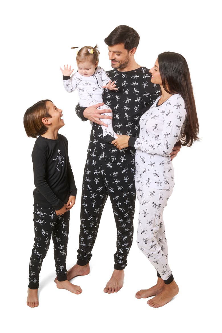 Kids Two-Piece Cotton Halloween Matching Family Pajamas, Fun Prints, Alternate, color, White Skeleton