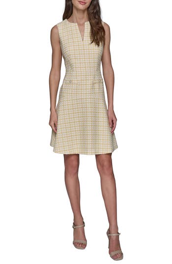 Shop Karl Lagerfeld Paris Printed Tweed A-line Dress In Freesia Yellow Soft White
