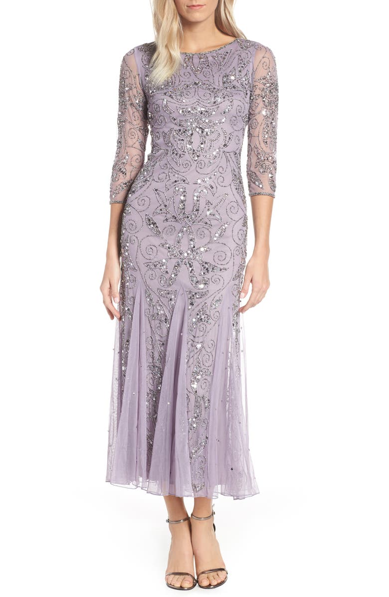 Pisarro Nights Illusion Sleeve Beaded A-Line Gown, Main, color, New Lavender