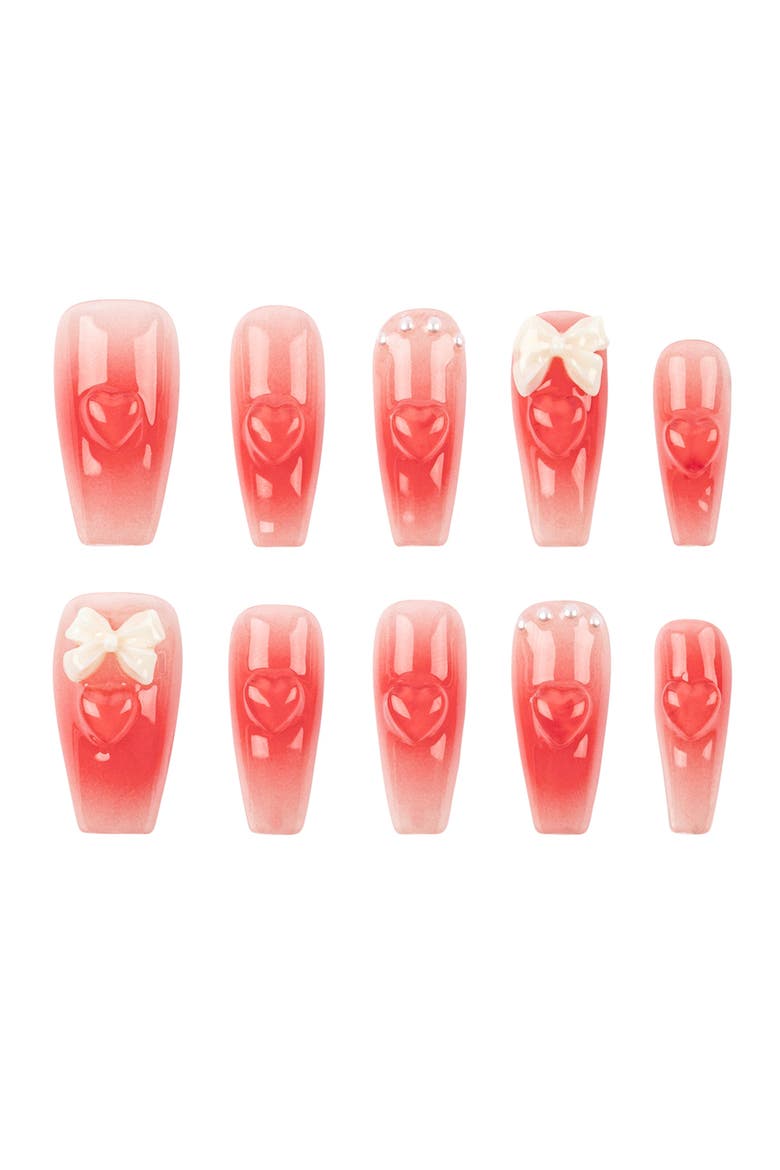3H Luxury Handmade Press-on Nails - Rouge Bowtique Nails, Main, color, Red/White