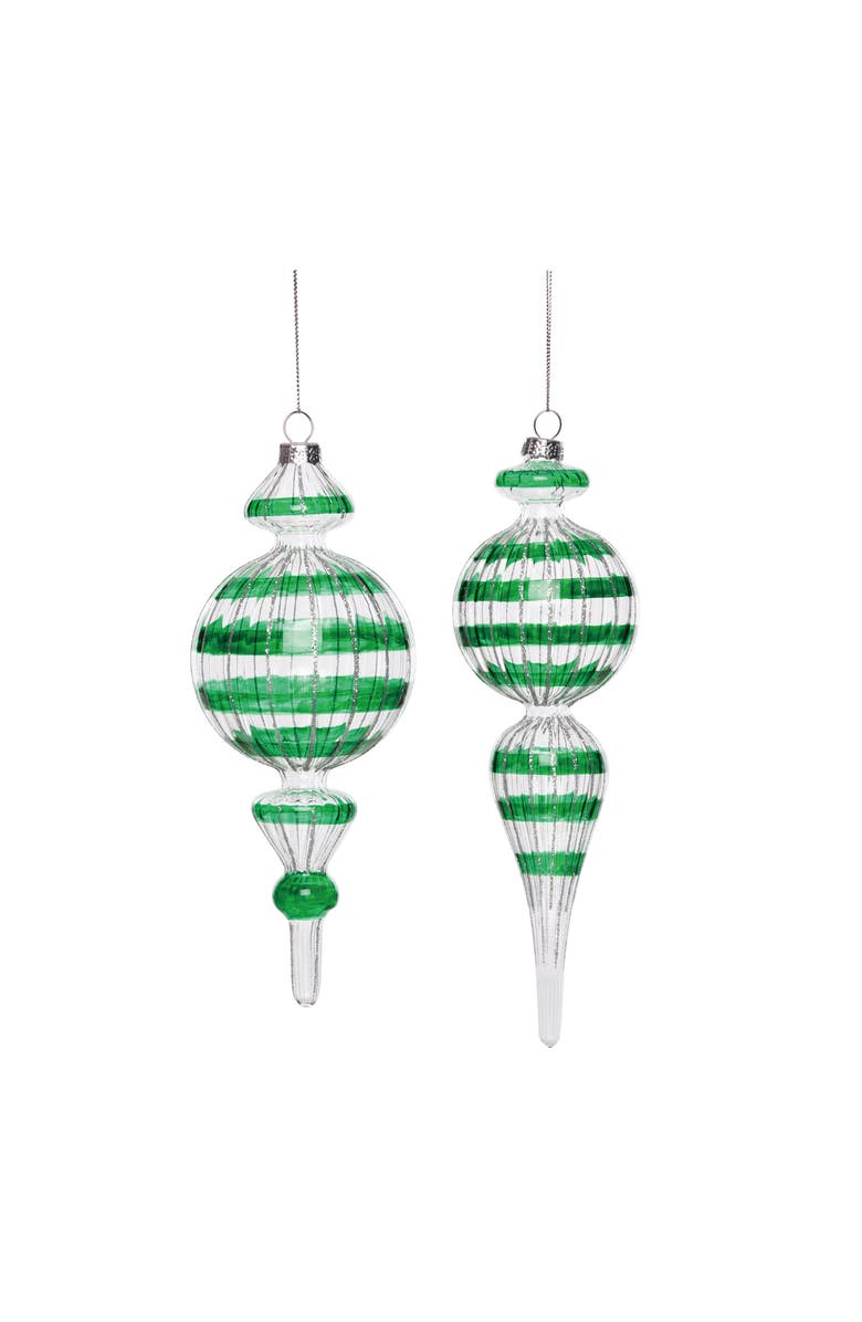 Transpac Large Glass Green Striped Ornament Set of 2 Christmas Decor, Main, color, 