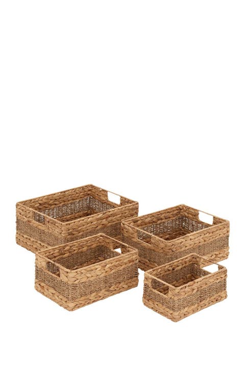 Light Brown Seagrass Coastal Storage Basket with Handles - Set of 4