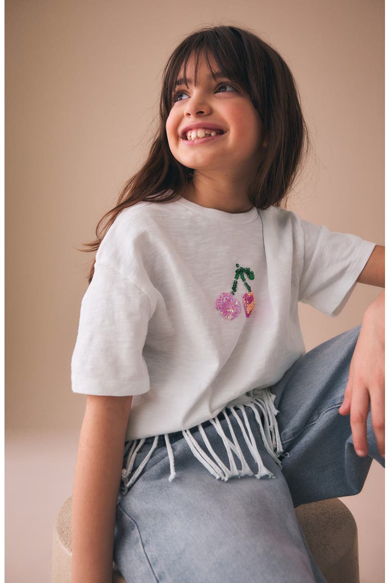 Kids' Sequin Cherry Fringe Trim Cotton T-Shirt, Alternate, color, NEUTRAL
