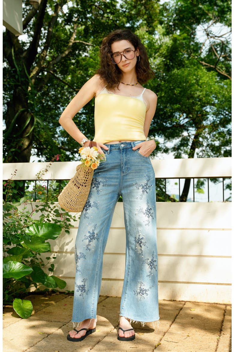 Embroidered Beaded Wide Leg Jeans, Alternate, color, LIGHT BLUE