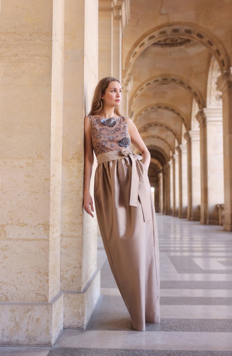 EMILY SHALANT Sequin Lace & Taffeta Gown, Alternate, color, Suntan