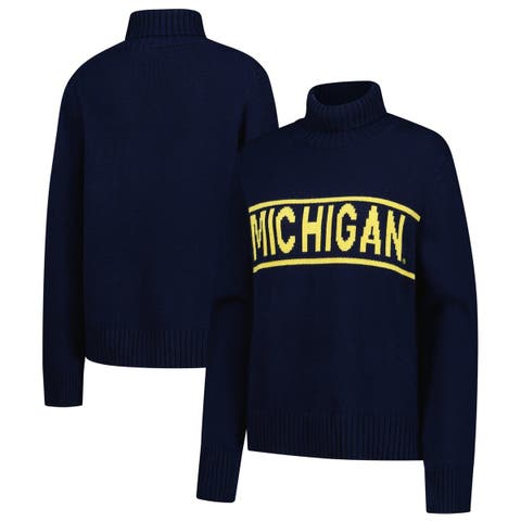Women's Gameday Social Navy Michigan Wolverines Chenille Turtleneck Sweater