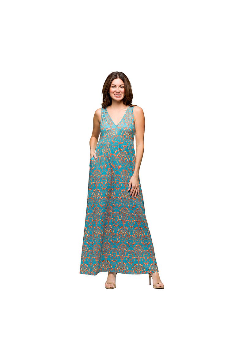 Maternity Sky Blue Sleeveless V-Neck Maxi Dress With Pockets, Main, color, Blue Multi