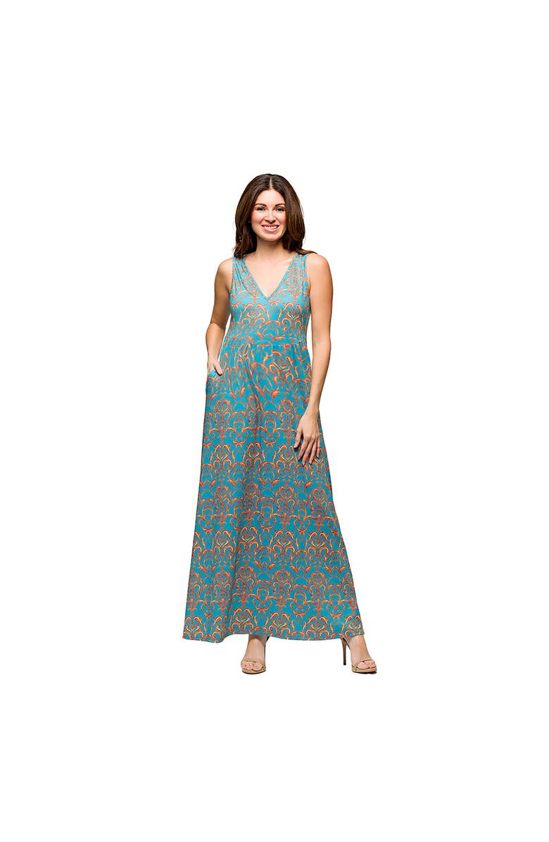 24seven Comfort Apparel Maternity Sky Blue Sleeveless V-Neck Maxi Dress With Pockets, Main, color, Blue Multi
