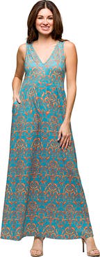 24seven Comfort Apparel Maternity Sky Blue Sleeveless V-Neck Maxi Dress With Pockets