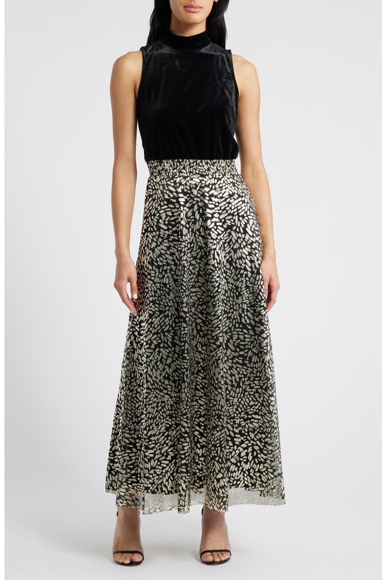 Mixed Media Metallic Print Gown, Main, color, GOLD/BLACK